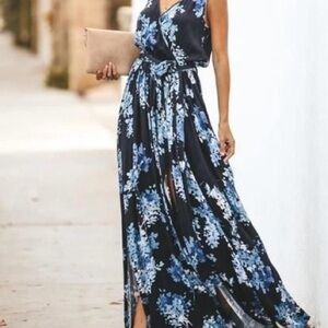 VICI Maxi Splits Dress Small Women’s Blue Floral Sleeveless Cross Front